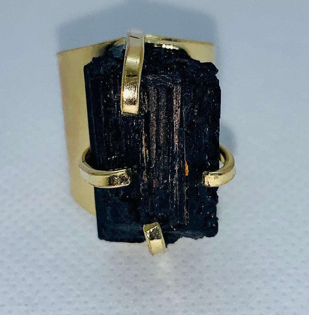 Modesta Black Tourmaline Gold Plated Cuff Rings