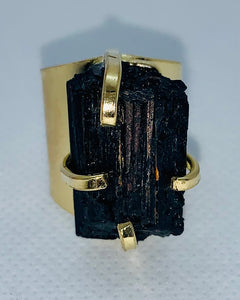 Modesta Black Tourmaline Gold Plated Cuff Rings